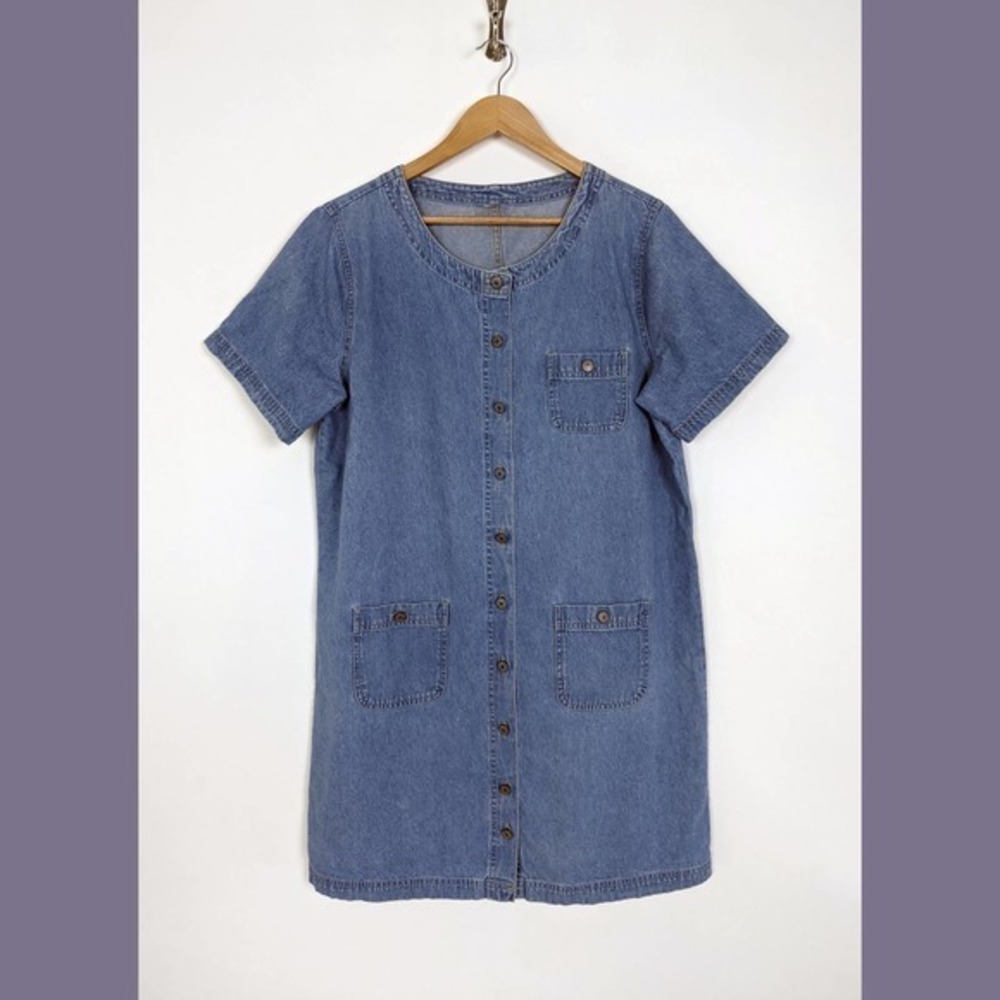 Vintage Studio Size L Womens Round Neck Button Front Tunic Denim Jean Dress Blue